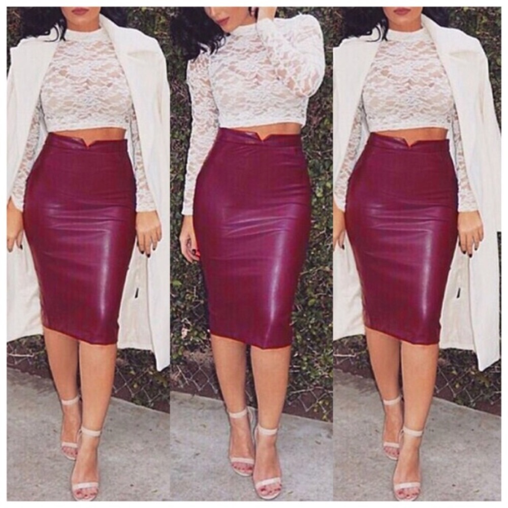 Maroon Vegan Pencil Leather Skirt
